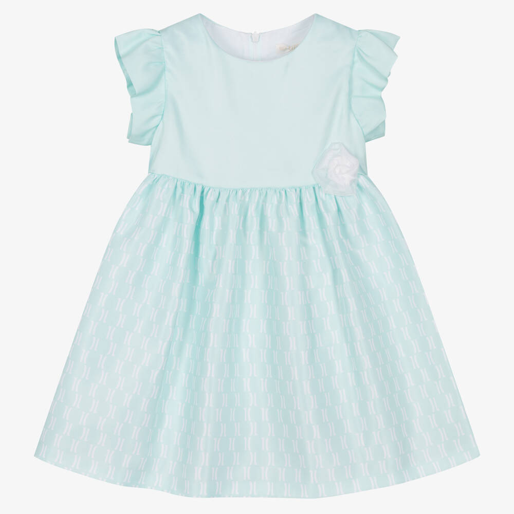 Alviero Martini - Girls Green Satin Logo Print Dress | Childrensalon