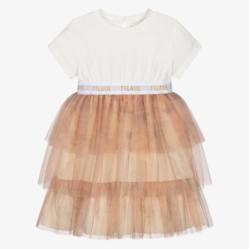 Alviero Martini-Girls Ivory & Dark Beige Geo Map Tiered Tulle Dress  | Childrensalon Outlet