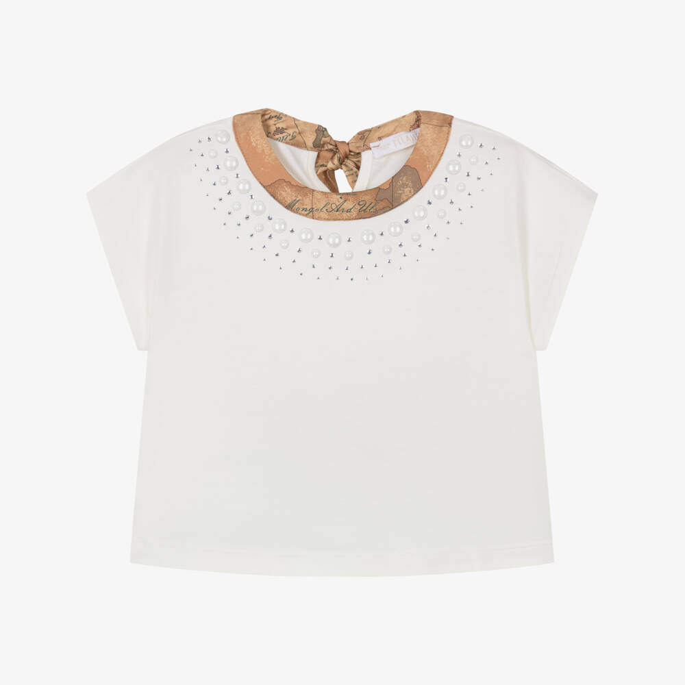 Alviero Martini-Girls Ivory Embellished Geo Map Cotton T-Shirt | Childrensalon Outlet