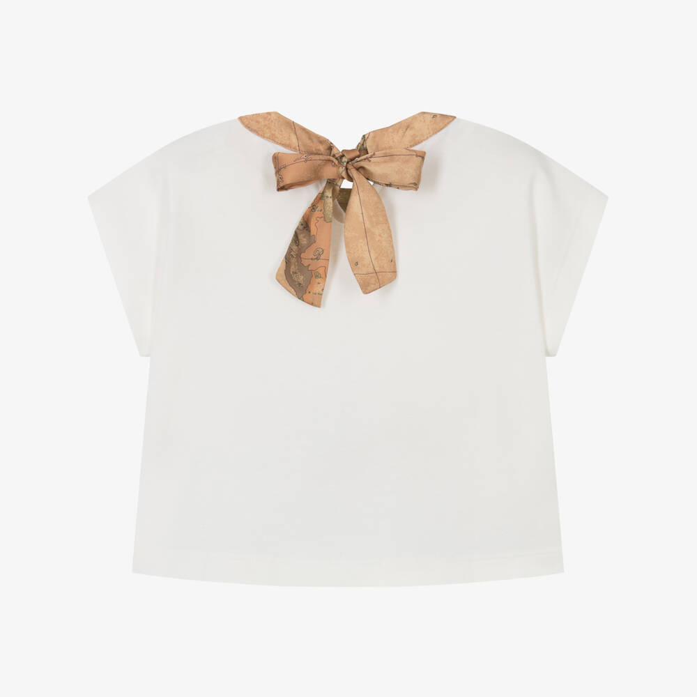 Alviero Martini-Girls Ivory Embellished Geo Map Cotton T-Shirt | Childrensalon Outlet