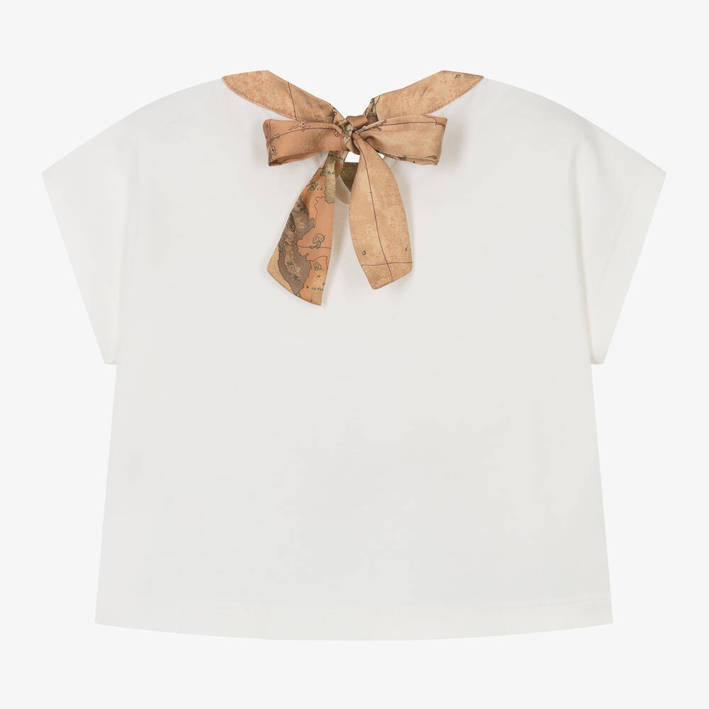 Alviero Martini-Girls Ivory Embellished Geo Map Cotton T-Shirt | Childrensalon Outlet