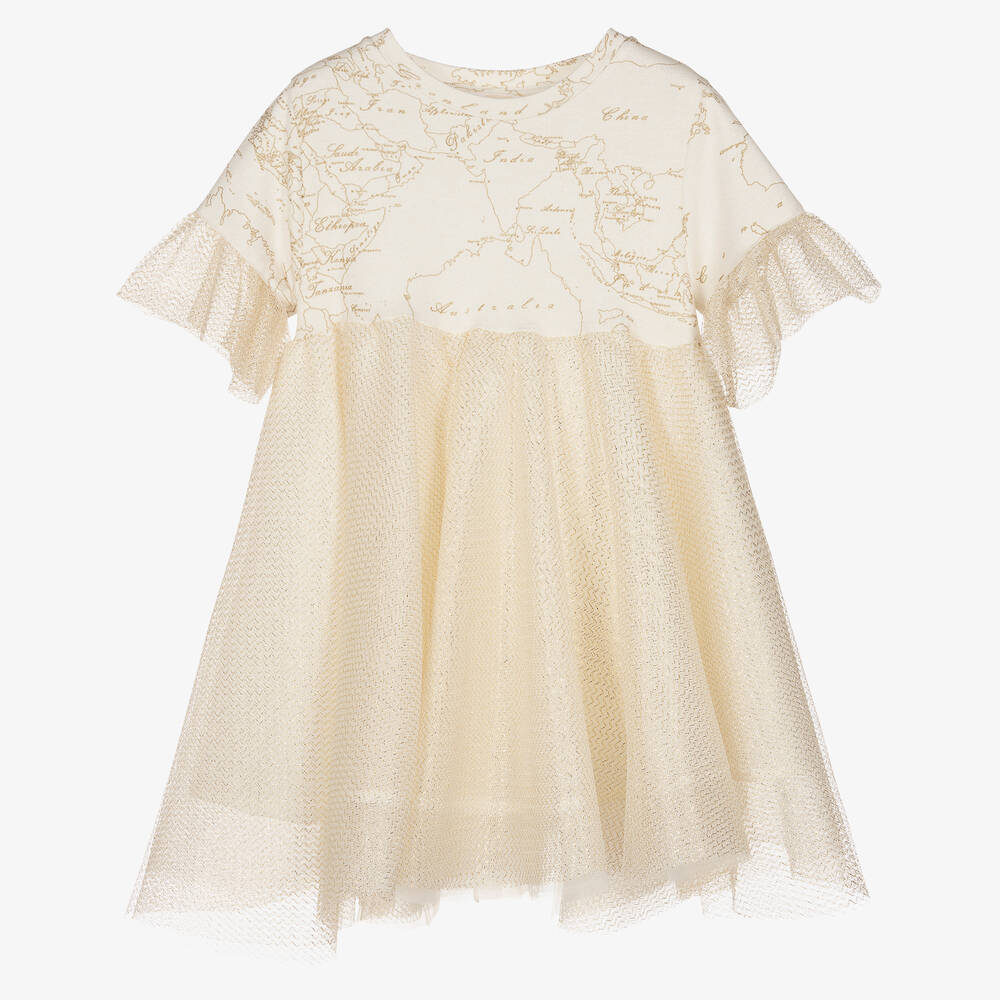 Alviero Martini - Kleid mit Landkarte elfenbein/gold | Childrensalon