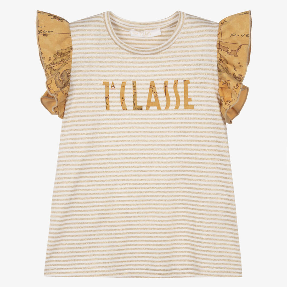 Alviero Martini-Girls Ivory & Gold Striped Top | Childrensalon Outlet