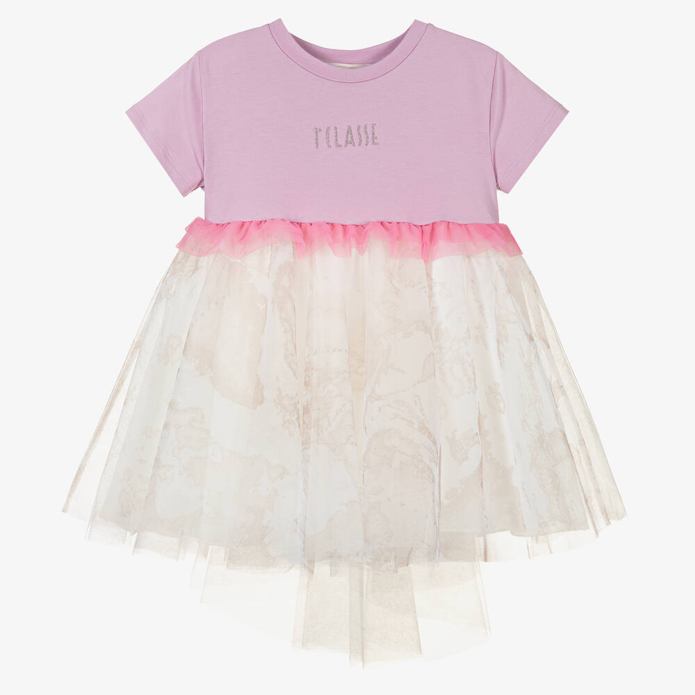 Alviero Martini-Girls Lilac Purple & Beige Geo Map Dress | Childrensalon Outlet