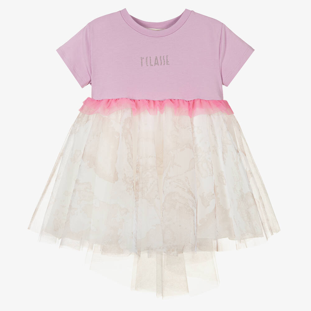 Alviero Martini - Girls Lilac Purple & Beige Geo Map Dress | Childrensalon