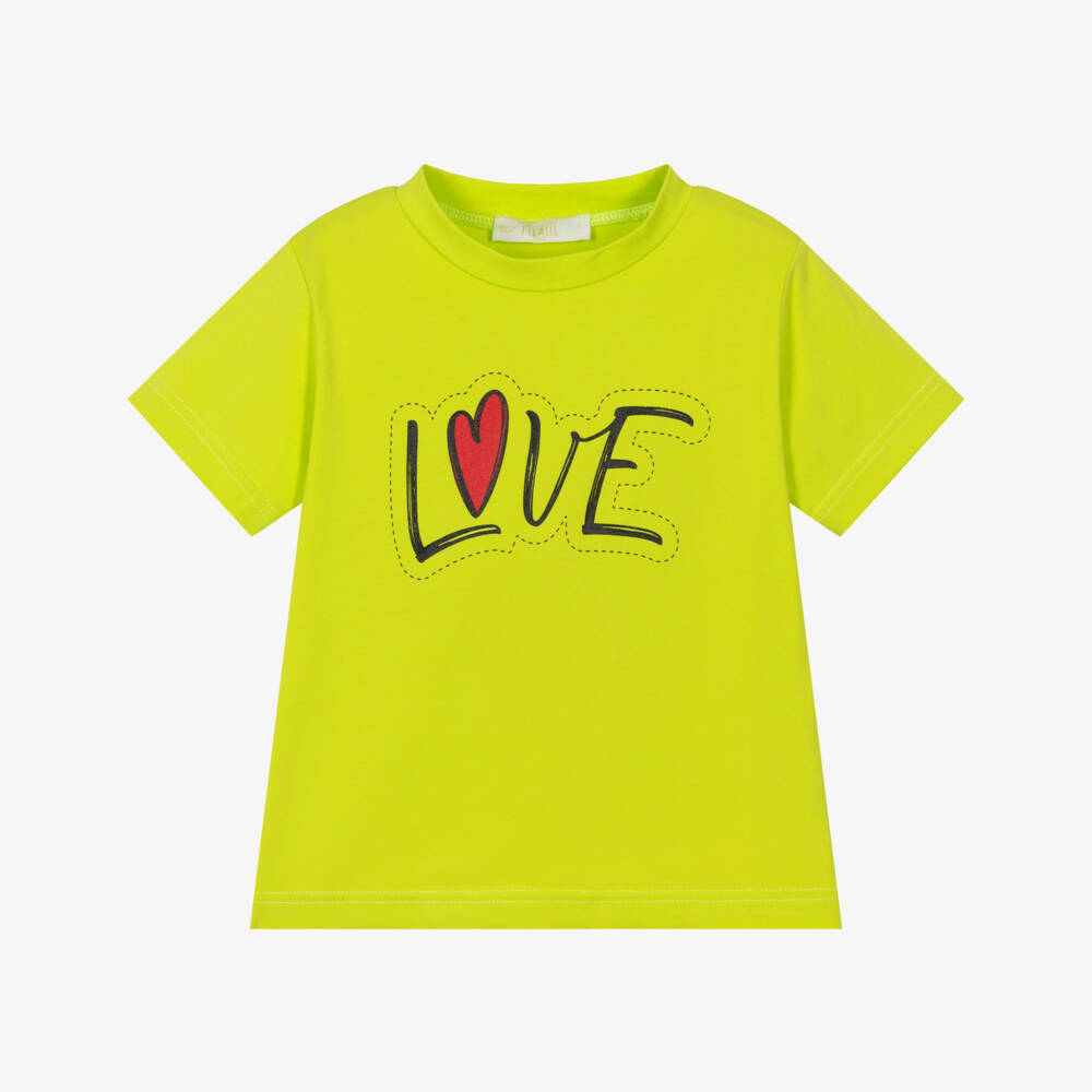 Alviero Martini-Girls Lime Green Cotton Love Motif T-Shirt | Childrensalon Outlet
