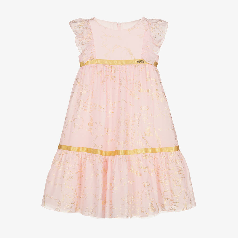 Alviero Martini - Kleid mit Landkarte in Rosa & Gold  | Childrensalon