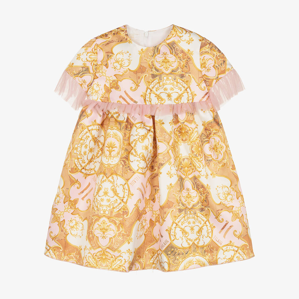 Alviero Martini - Girls Pink & Gold Geo Map Satin Dress | Childrensalon