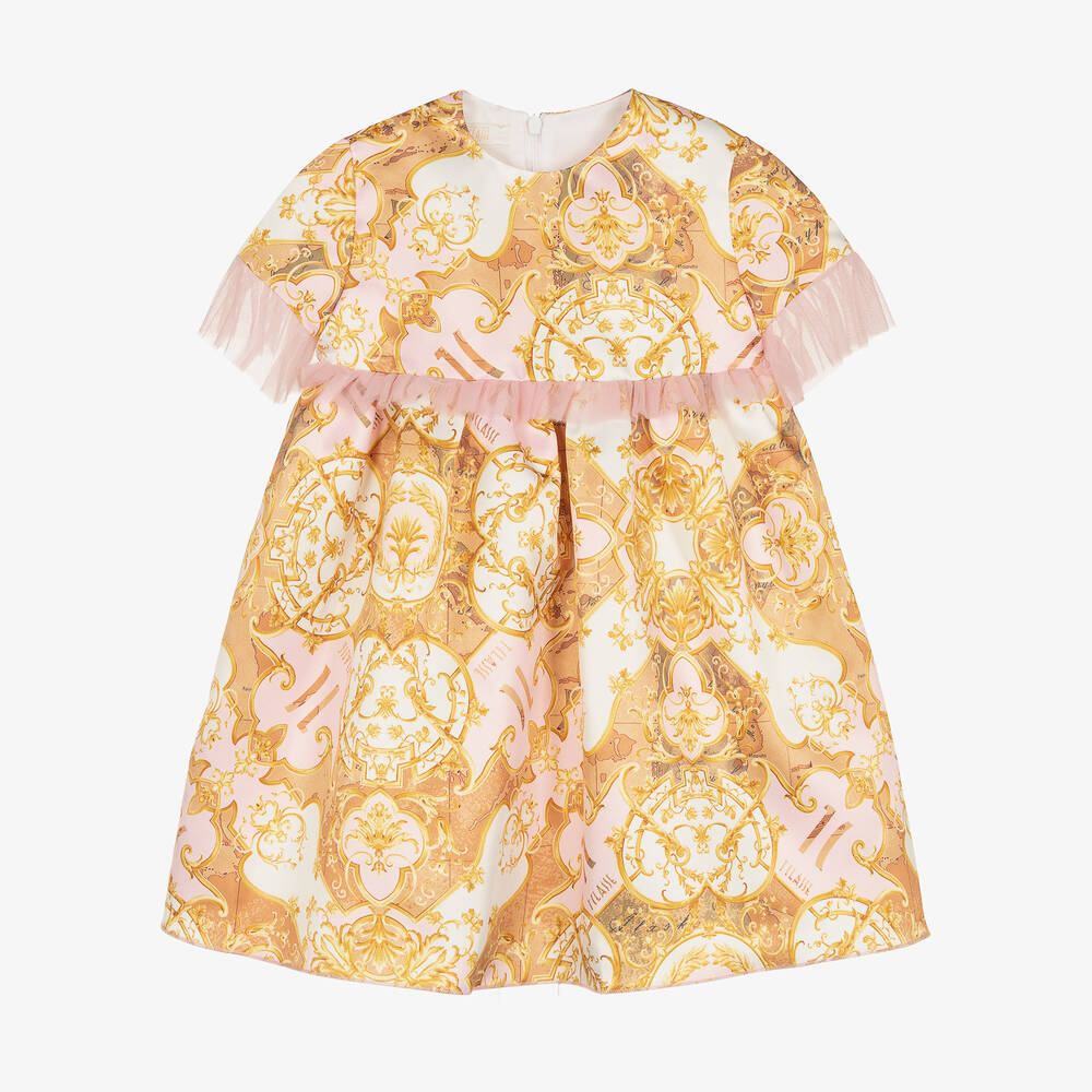 Alviero Martini-Розово-золотистое атласное платье с картой мира | Childrensalon Outlet