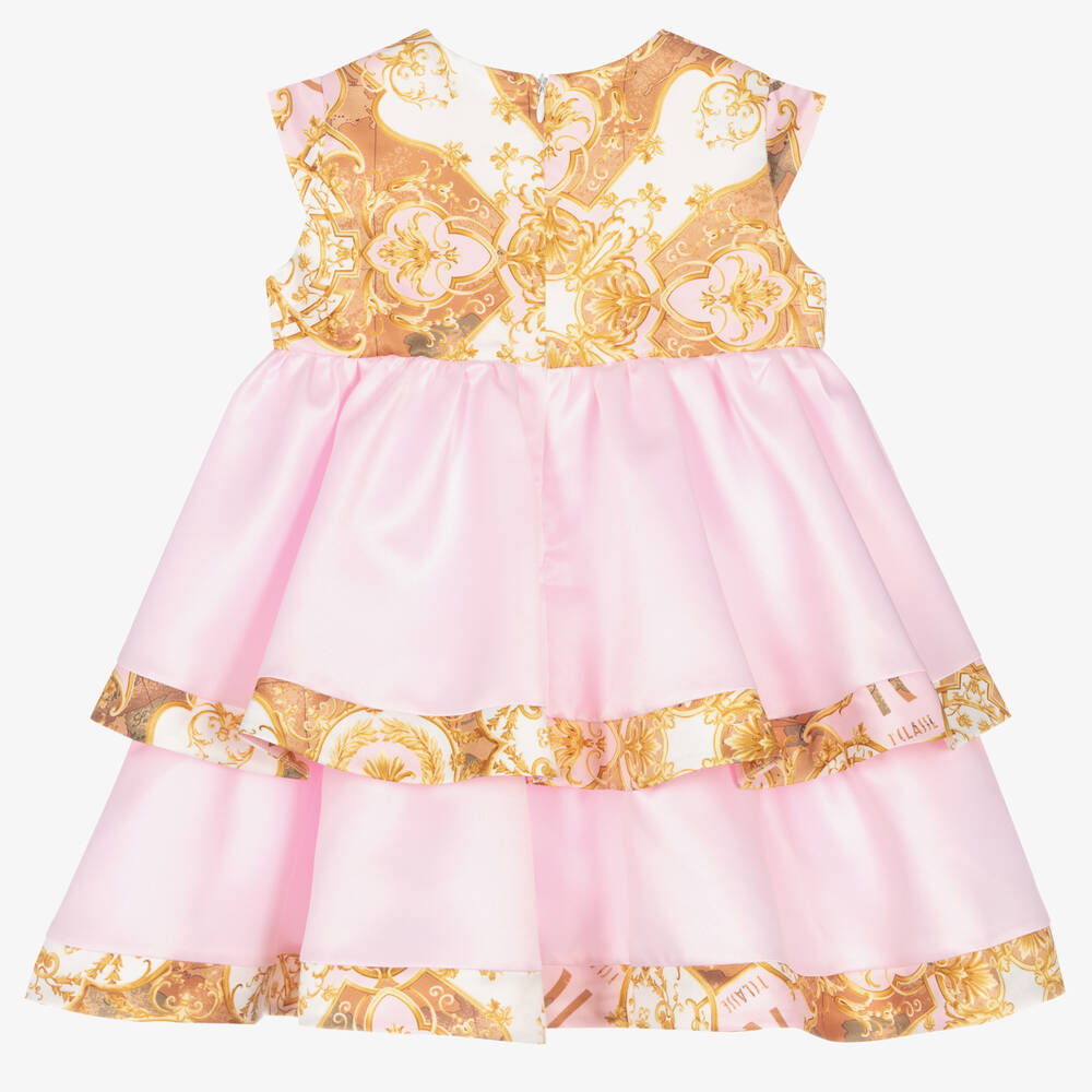 Alviero Martini-Girls Pink & Gold Satin Geo Map Dress | Childrensalon Outlet