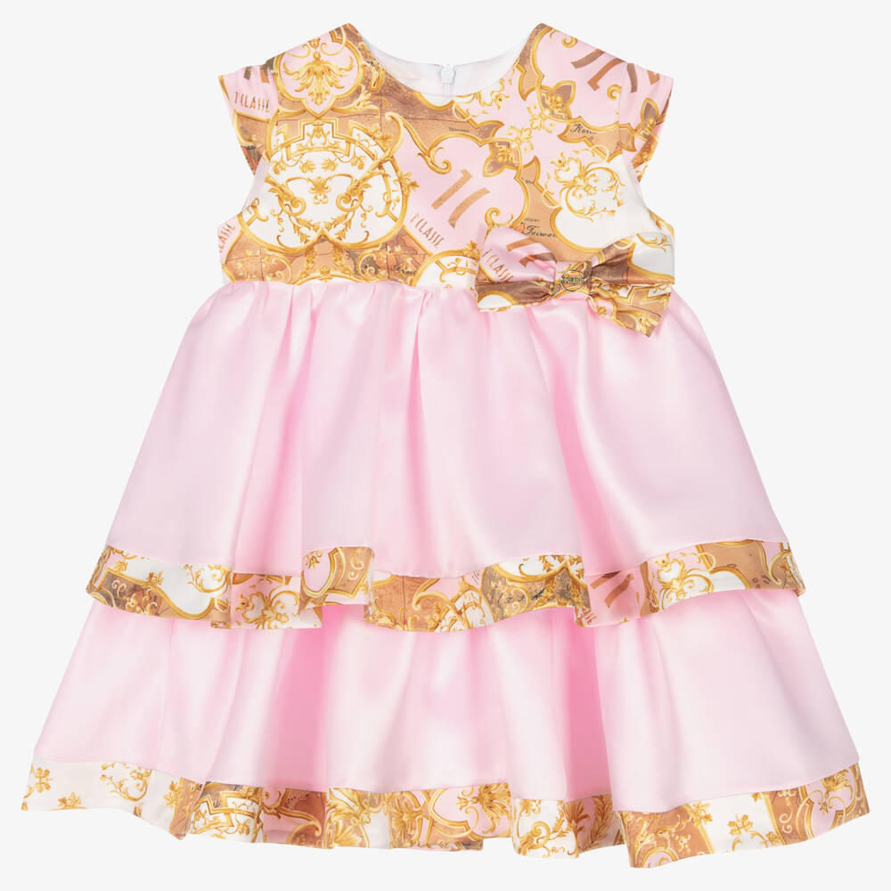 Alviero Martini - Розово-золотистое атласное платье с картой мира | Childrensalon
