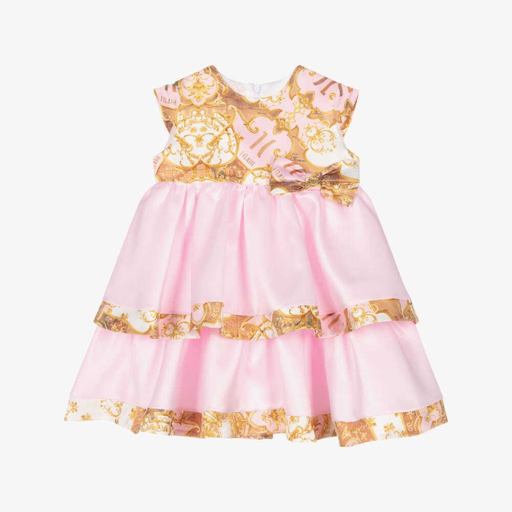 Alviero Martini-Girls Pink & Gold Satin Geo Map Dress | Childrensalon Outlet