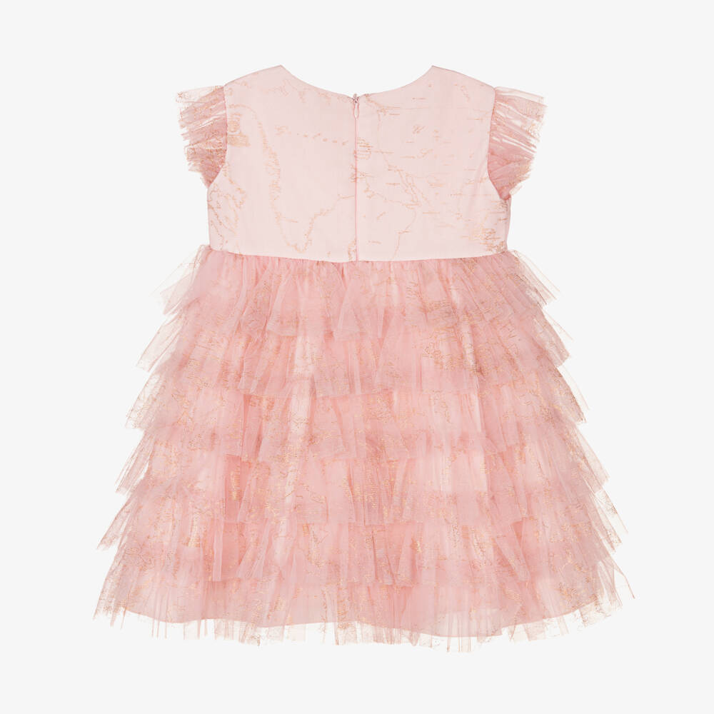 Alviero Martini-Girls Pink & Gold Tulle Geo Map Dress | Childrensalon Outlet