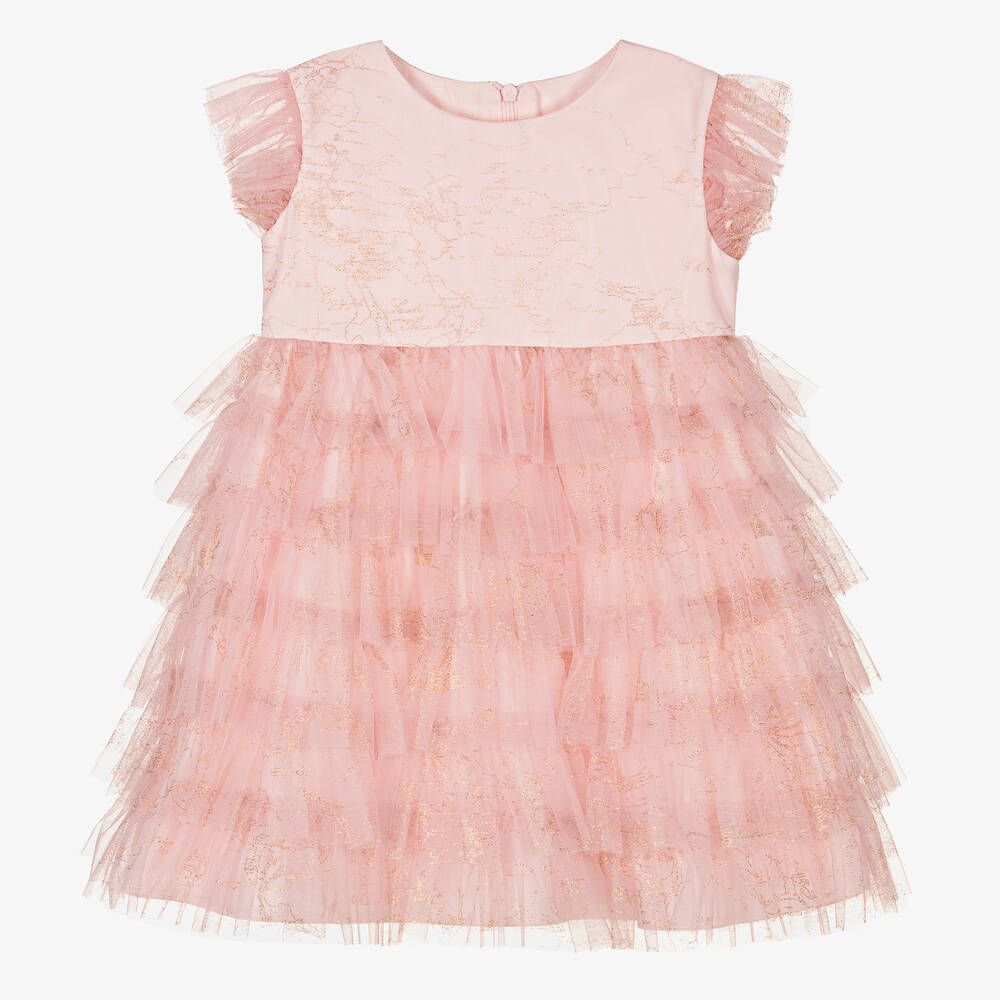 Alviero Martini - Розово-золотистое платье из тюля с принтом Geo Map | Childrensalon