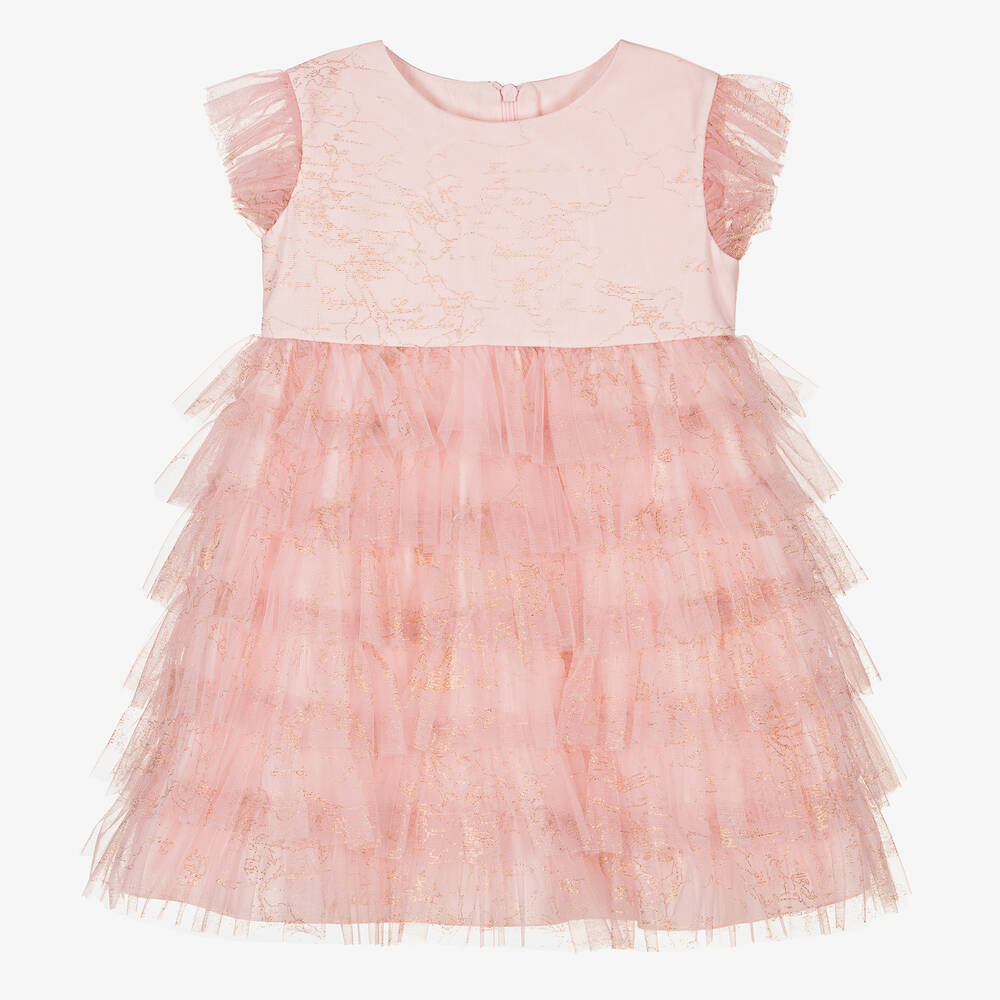 Alviero Martini-Girls Pink & Gold Tulle Geo Map Dress | Childrensalon Outlet