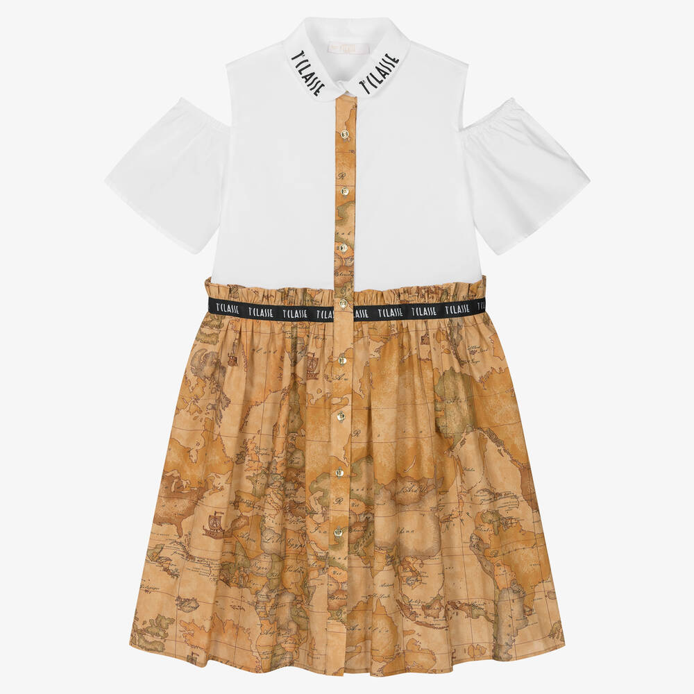 Alviero Martini - Бело-бежевое платье из хлопка с принтом Geo Map | Childrensalon