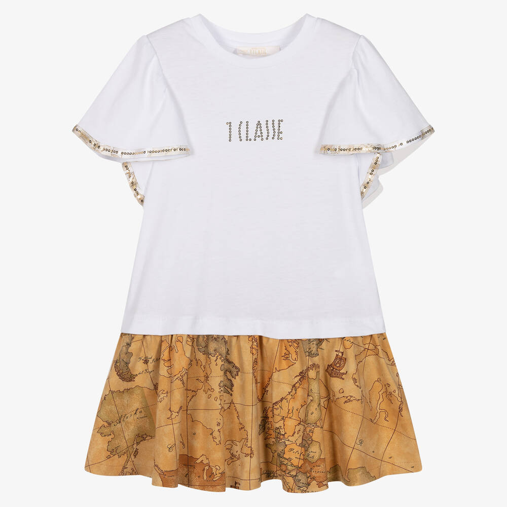 Alviero Martini-Girls White & Beige Geo Map Cotton Dress | Childrensalon Outlet