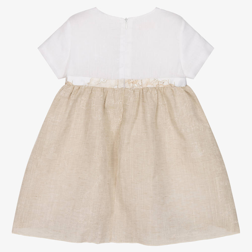 Alviero Martini-Girls White & Beige Geo Map Linen Dress | Childrensalon Outlet