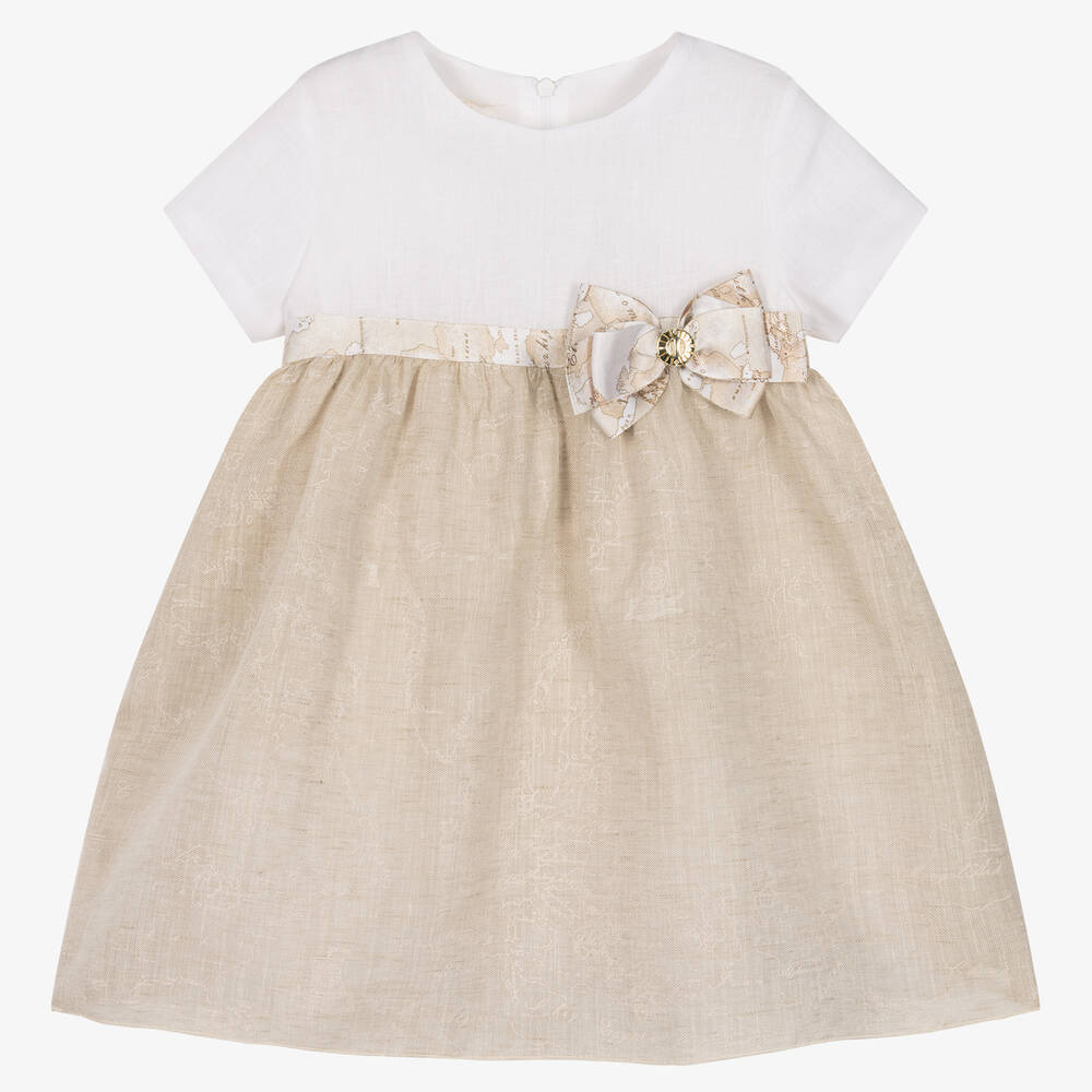 Alviero Martini - Girls White & Beige Geo Map Linen Dress | Childrensalon