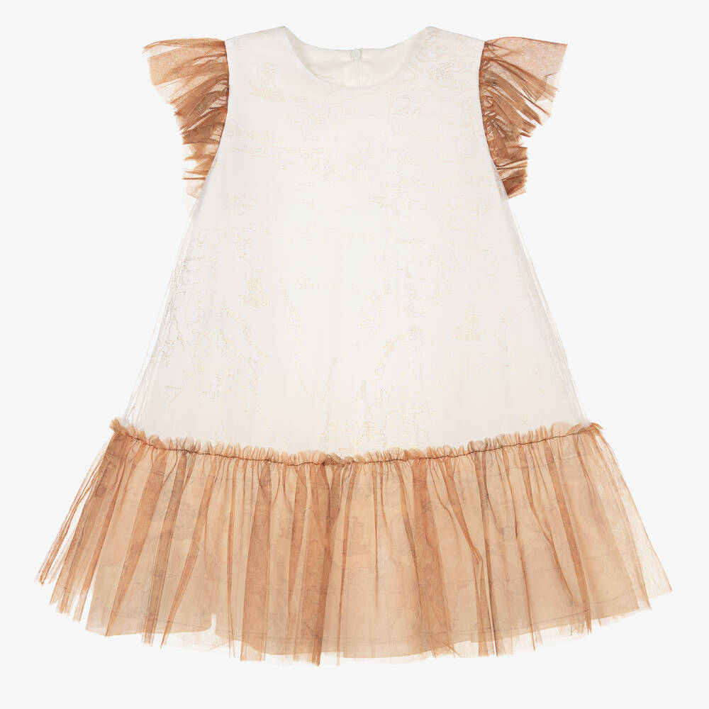 Alviero Martini - Girls White & Beige Geo Tulle Dress | Childrensalon