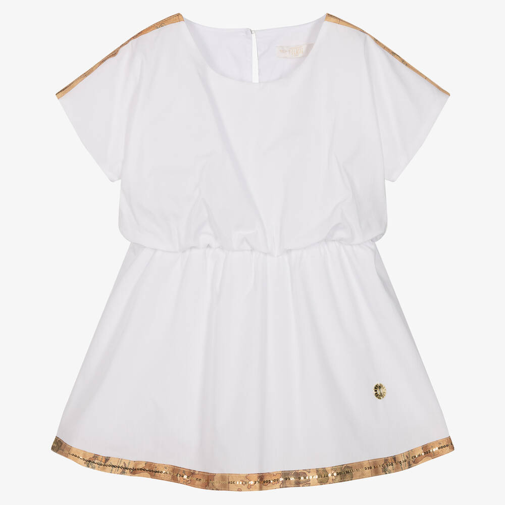 Alviero Martini - Girls White Cotton Geo Map Dress | Childrensalon