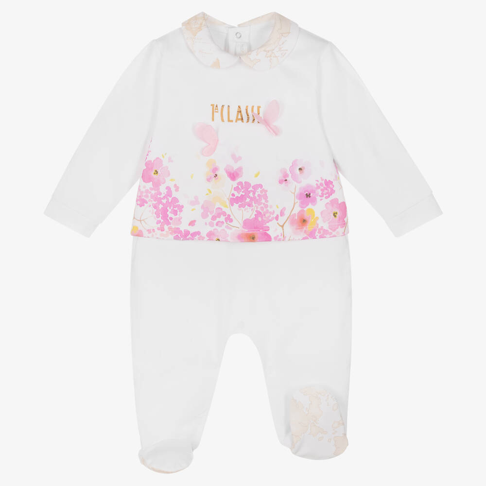 Alviero Martini-Girls White Floral & Geo Map Babygrow | Childrensalon Outlet