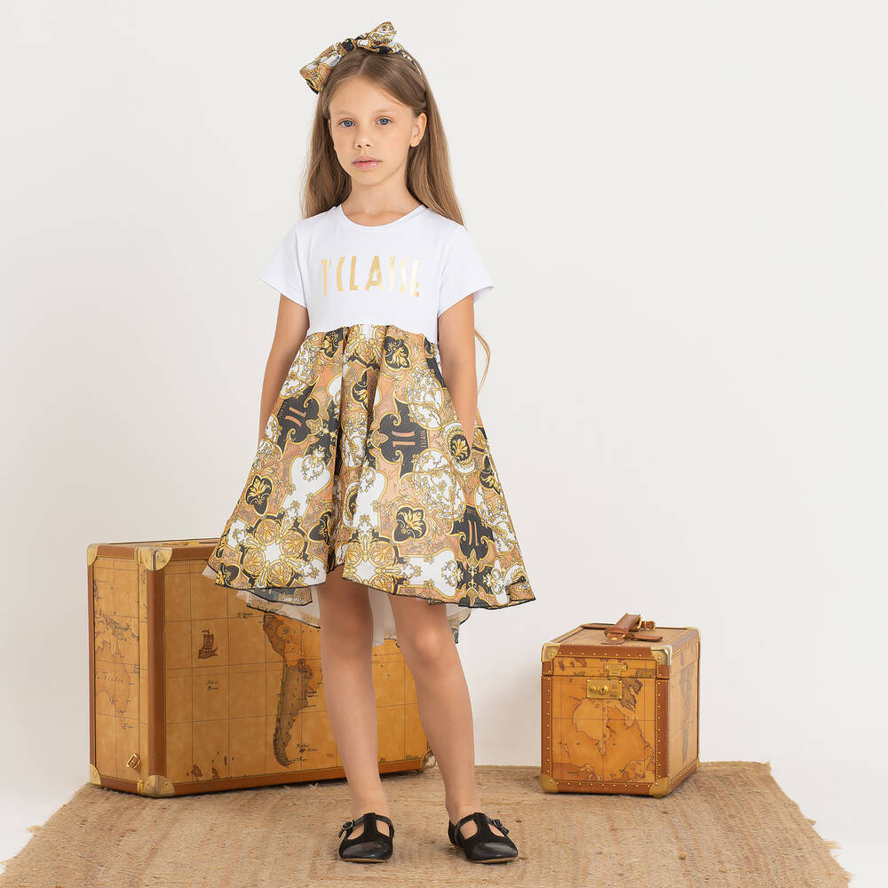 Alviero Martini-Girls White & Gold 1st Classe Dress | Childrensalon Outlet