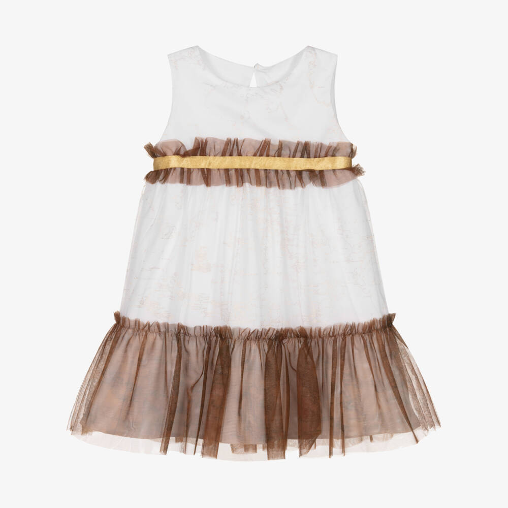 Alviero Martini-فستان تول لون أبيض وذهبي | Childrensalon Outlet