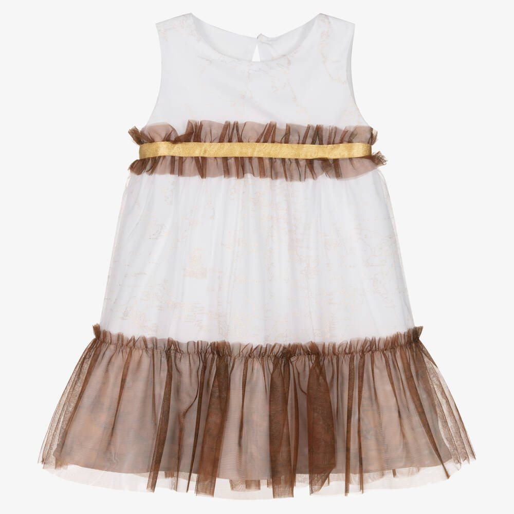 Alviero Martini - Girls White & Gold Geo Map Dress | Childrensalon