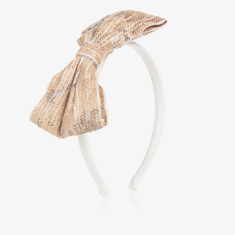 Alviero Martini-Girls White & Gold Sequin Bow Hairband | Childrensalon Outlet