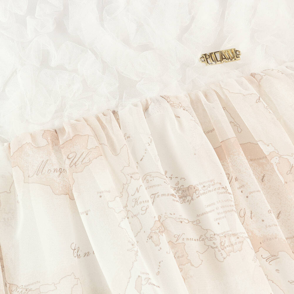 Alviero Martini-فستان بطبعة الخريطة تول لون عاجي وأبيض | Childrensalon Outlet