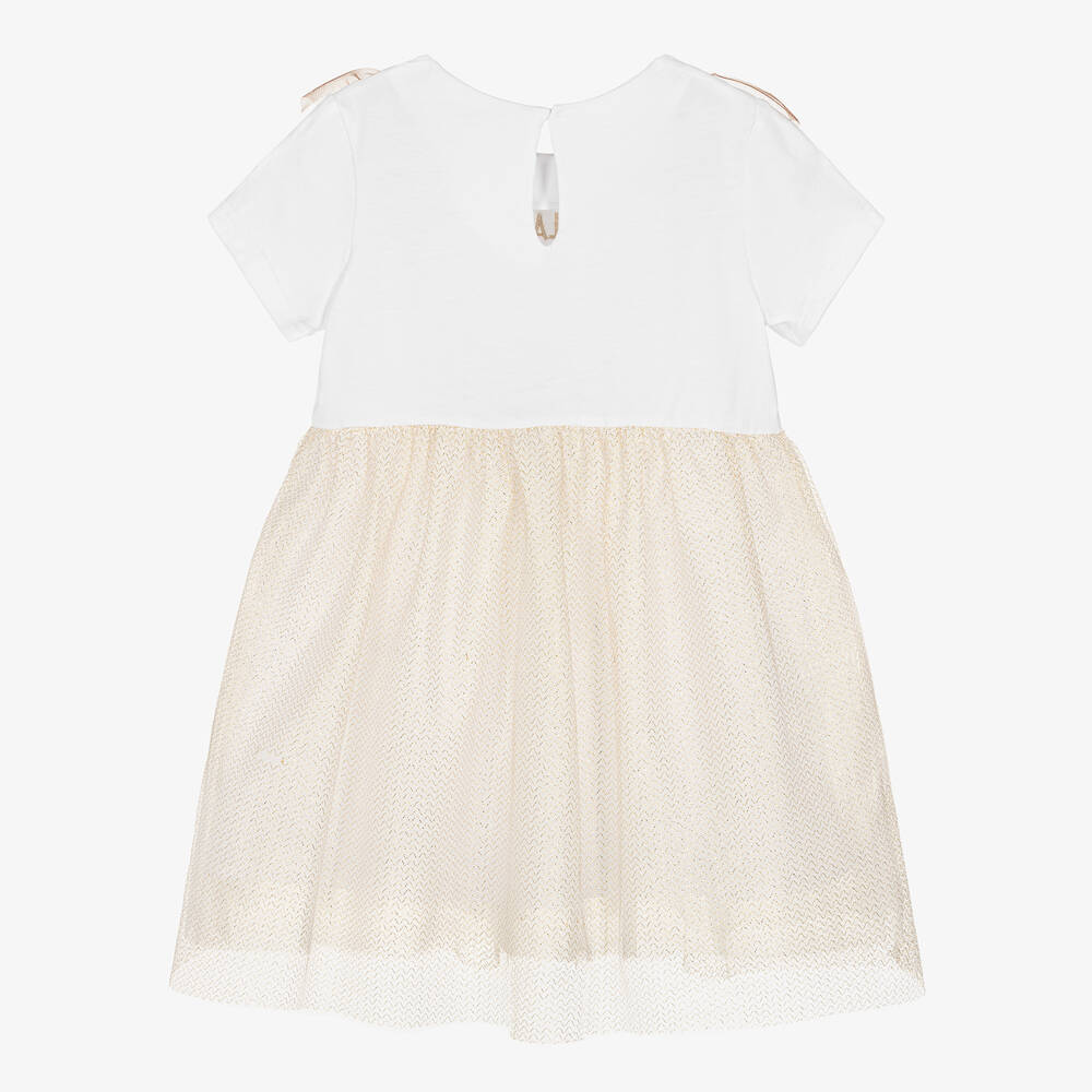 Alviero Martini-Girls White Jersey & Gold Tulle Dress | Childrensalon Outlet