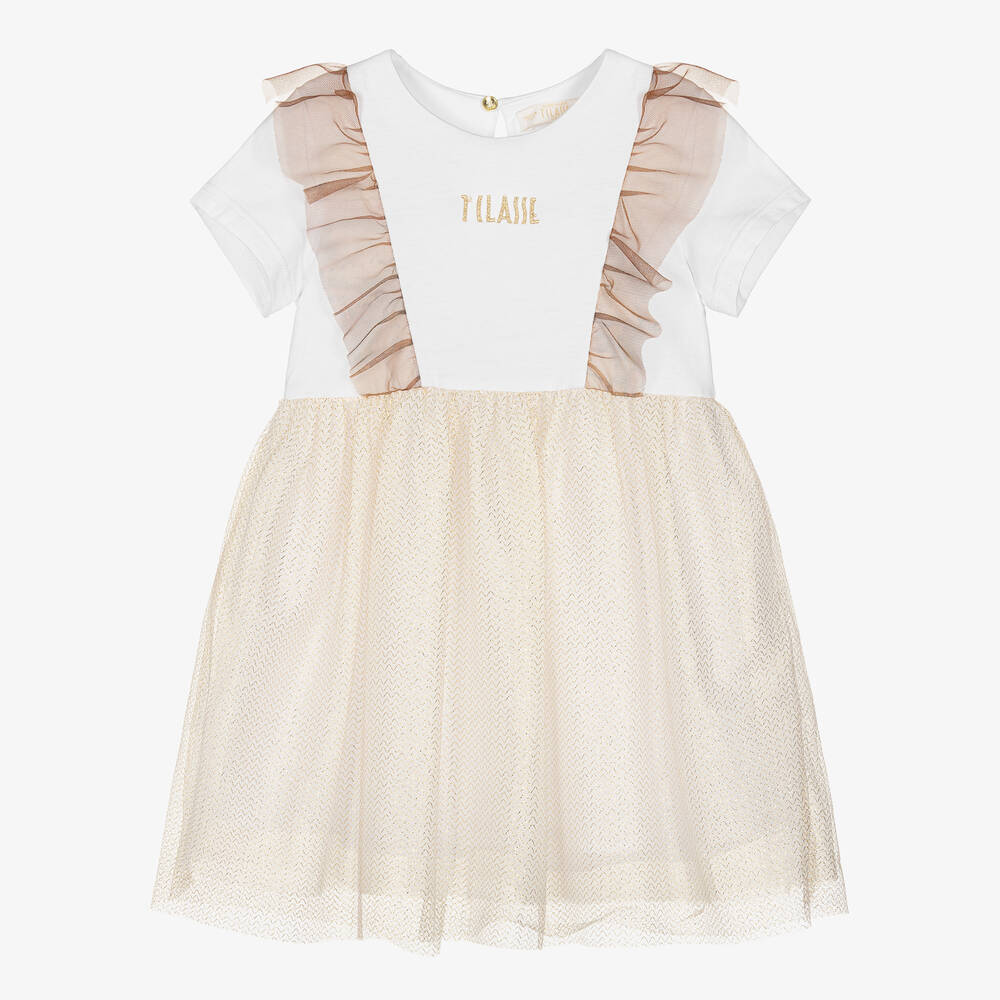 Alviero Martini - Girls White Jersey & Gold Tulle Dress | Childrensalon