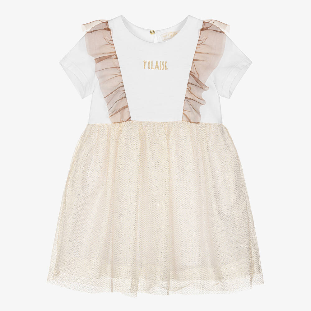 Alviero Martini - Jersey- & Tüllkleid in Weiß & Gold | Childrensalon