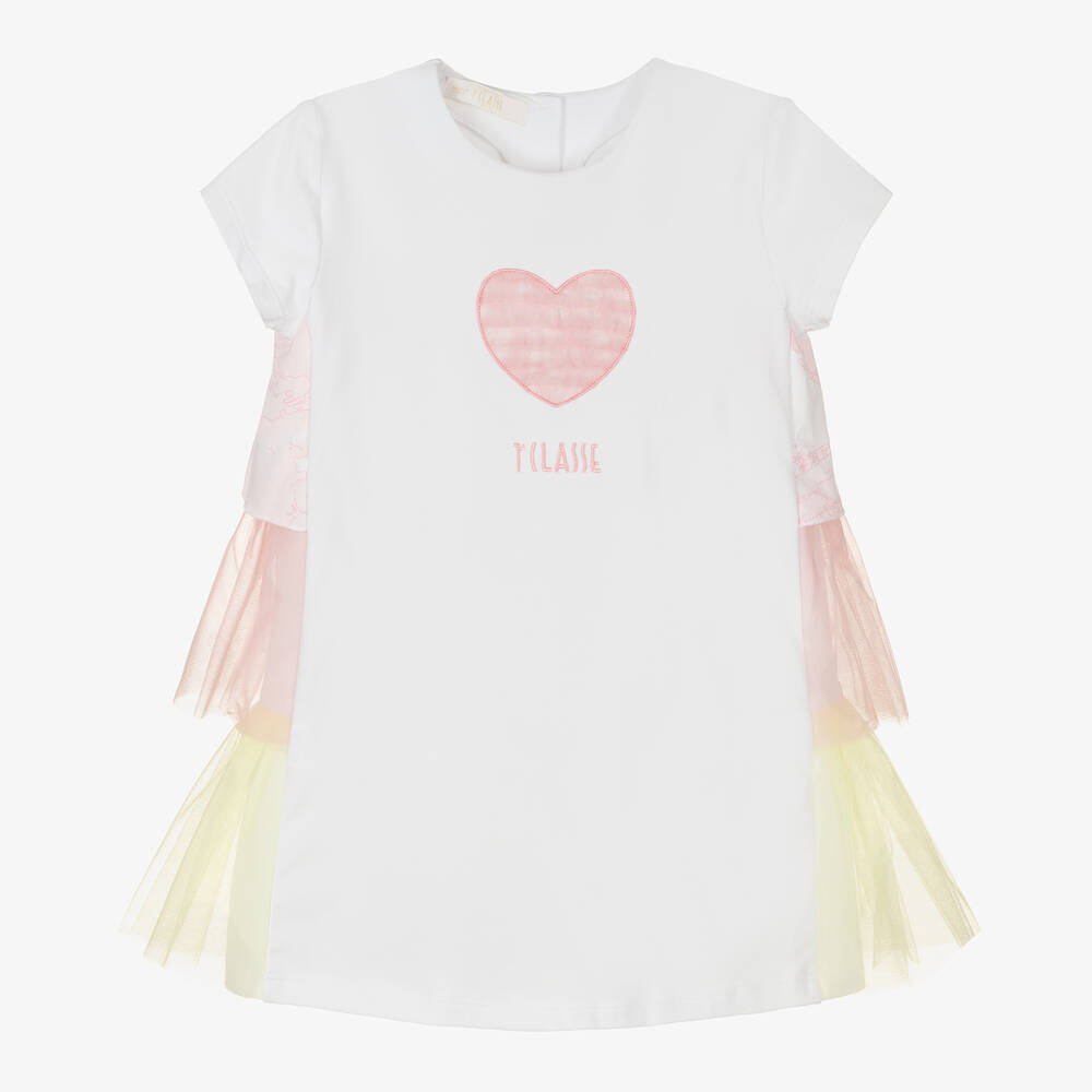 Alviero Martini - Kleid mit Tüllrüschen in Weiß/Rosa | Childrensalon