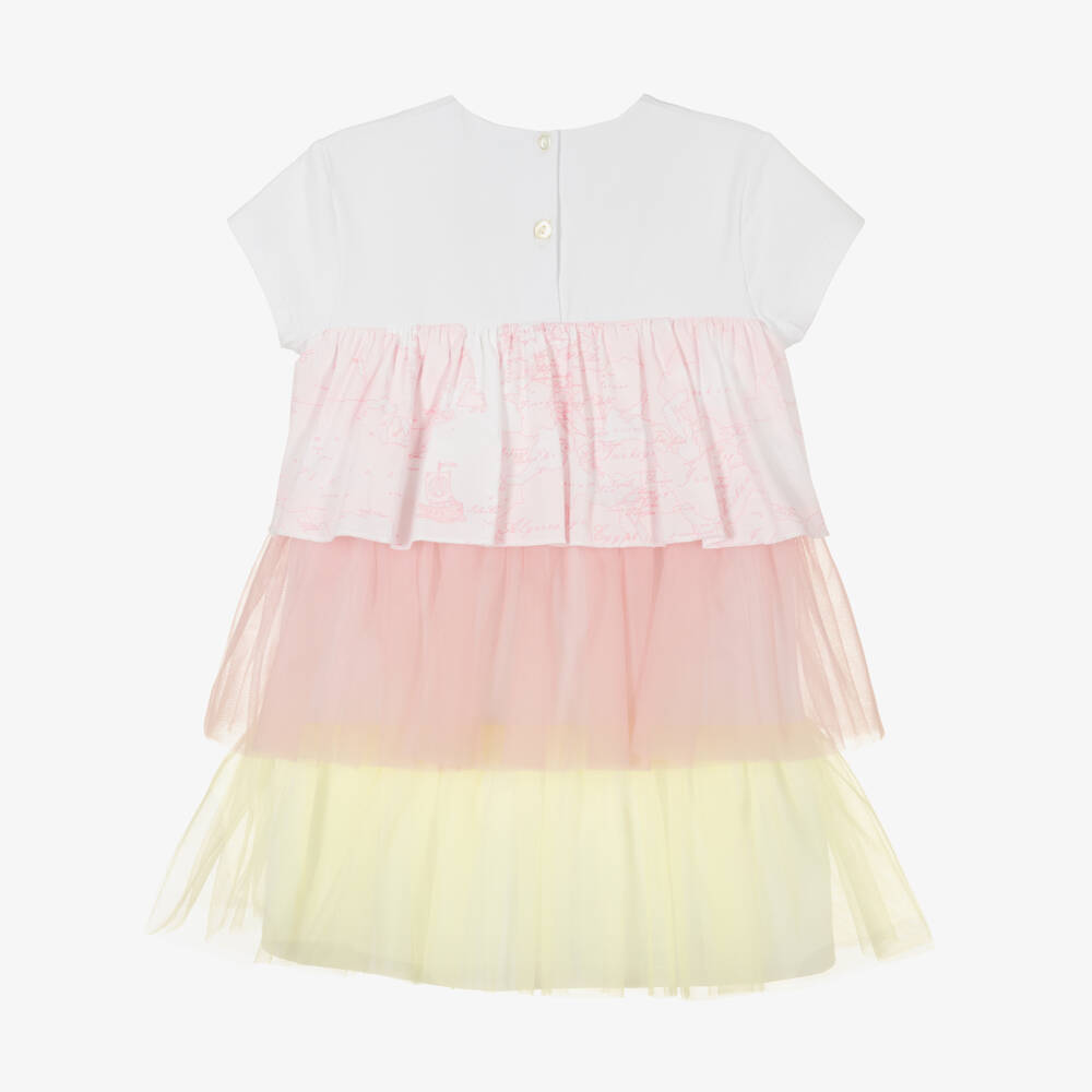 Alviero Martini-Бело-розовое платье с рюшами из тюля | Childrensalon Outlet