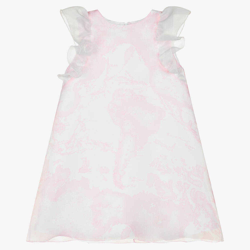 Alviero Martini - Бело-розовое платье из органзы с картой мира | Childrensalon