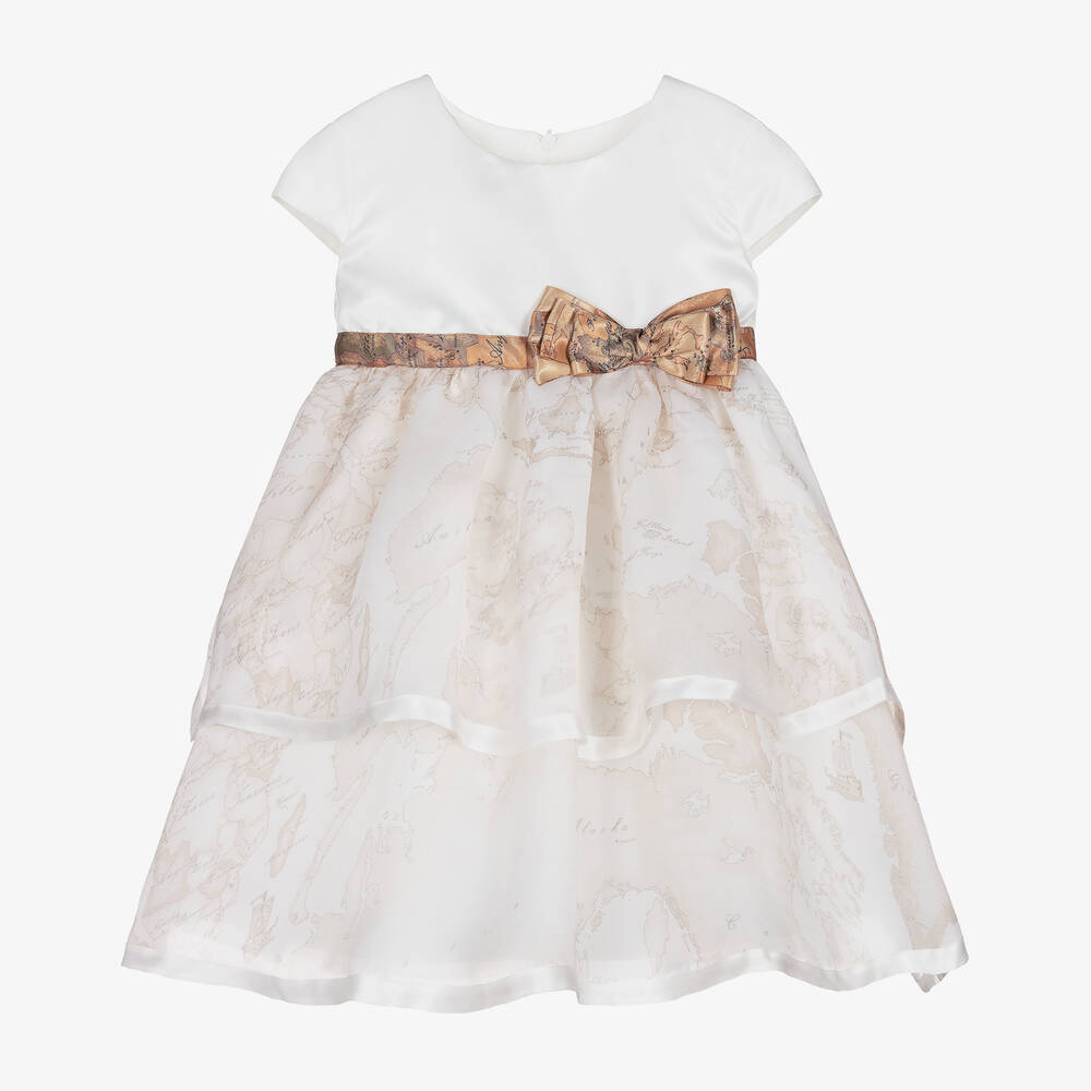 Alviero Martini - Girls White Satin Geo Map Dress | Childrensalon