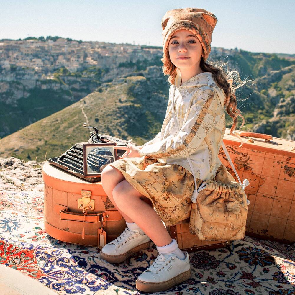 Alviero Martini-فستان قطن جيرسي لون عاجي وبيج داكن | Childrensalon Outlet