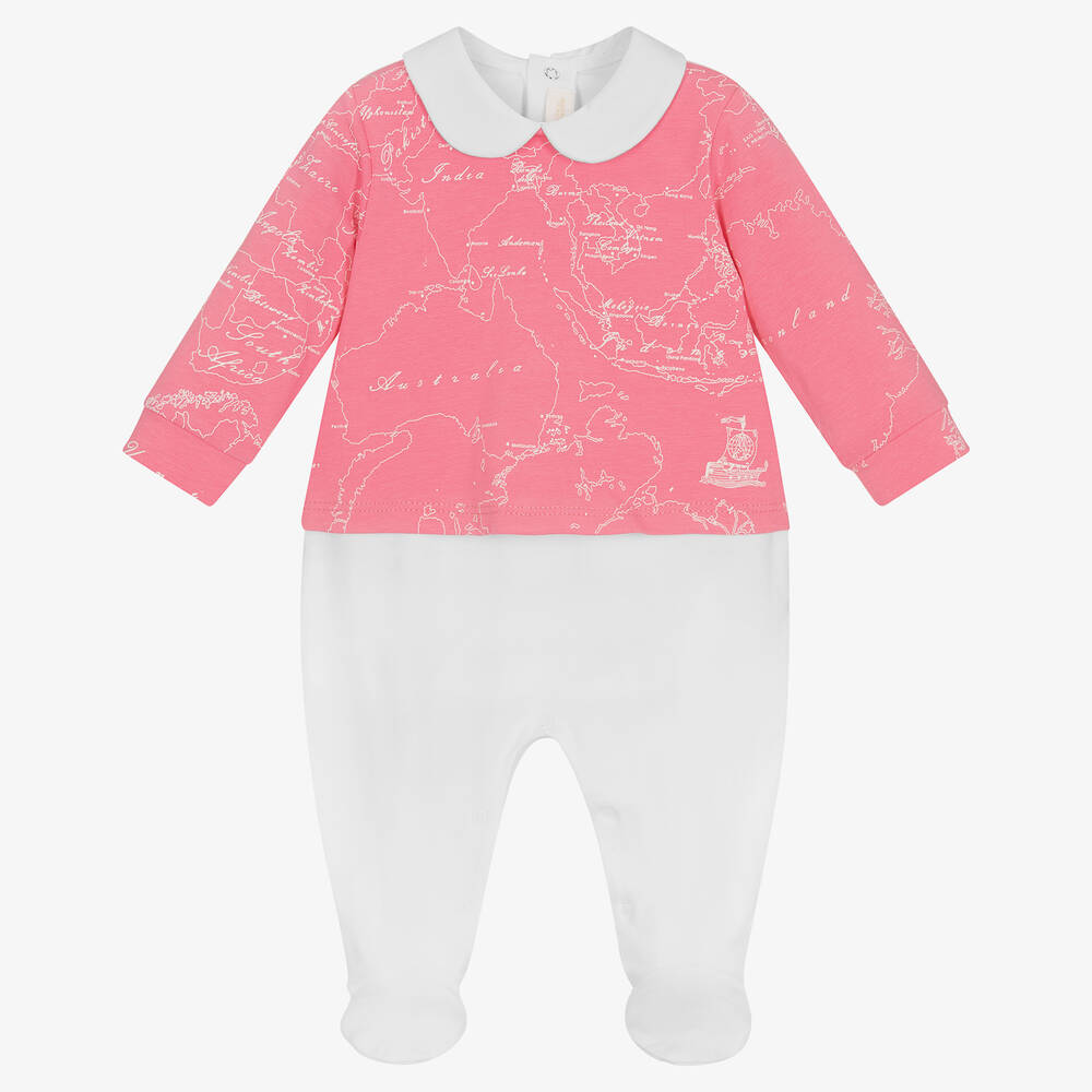 Alviero Martini - Pink & White Cotton Geo Map Babygrow | Childrensalon