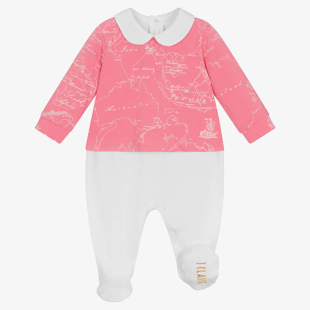Alviero Martini-Pink & White Cotton Geo Map Babygrow | Childrensalon Outlet