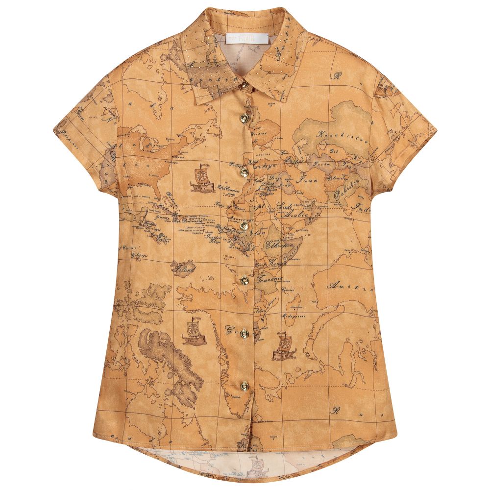 Alviero Martini - Teen Beige Geo Map Blouse  | Childrensalon