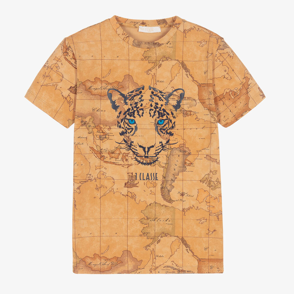 Alviero Martini - Бежевая футболка с картой мира и тигром | Childrensalon