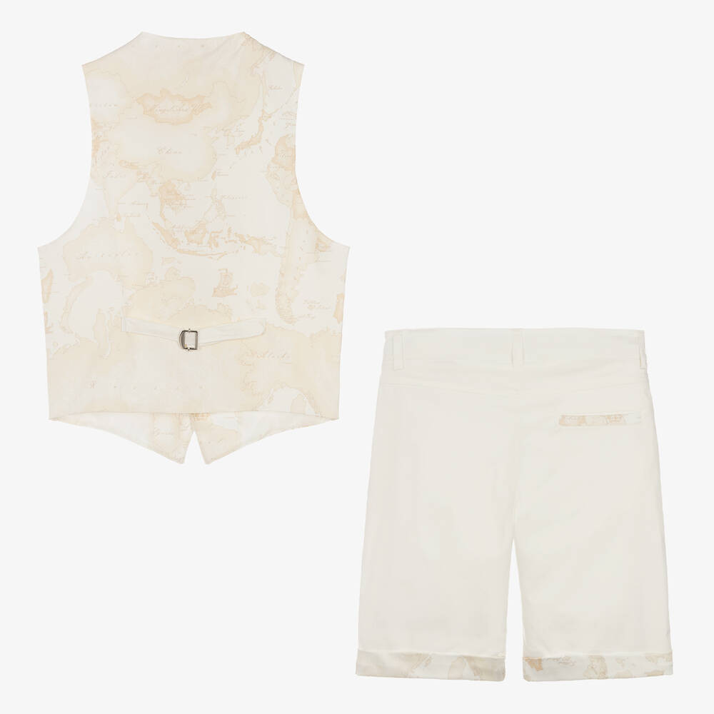 Alviero Martini Teen Boys Beige Geo Shorts Waistcoat Suit