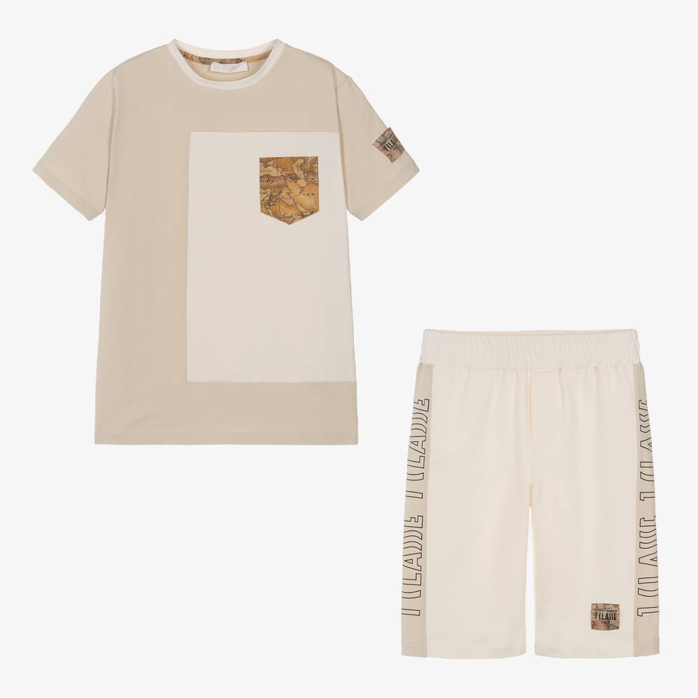 Alviero Martini-Teen Boys Beige & Ivory Cotton Shorts Set | Childrensalon Outlet