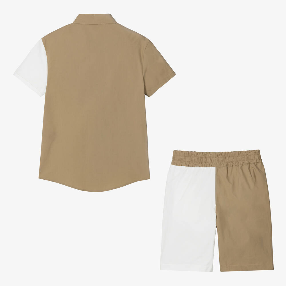 Alviero Martini-طقم شورت قطن بوبلين لون بيج وأبيض للمراهقين | Childrensalon Outlet