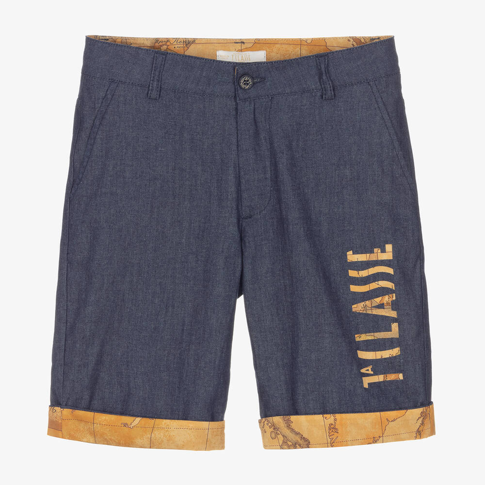 Alviero Martini - Teen Boys Blue Chambray Geo Map Shorts | Childrensalon