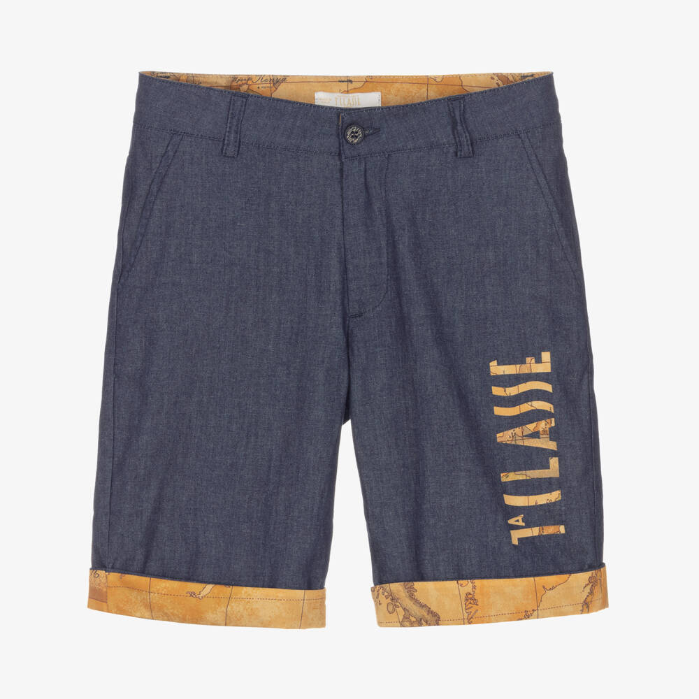 Alviero Martini-Teen Boys Blue Chambray Geo Map Shorts | Childrensalon Outlet