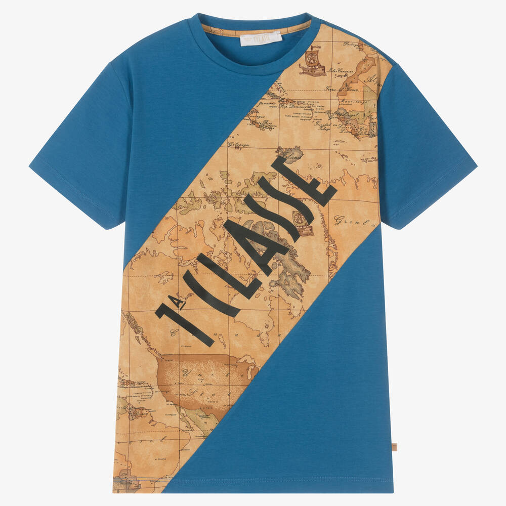 Alviero Martini - Голубая хлопковая футболка с картой мира | Childrensalon
