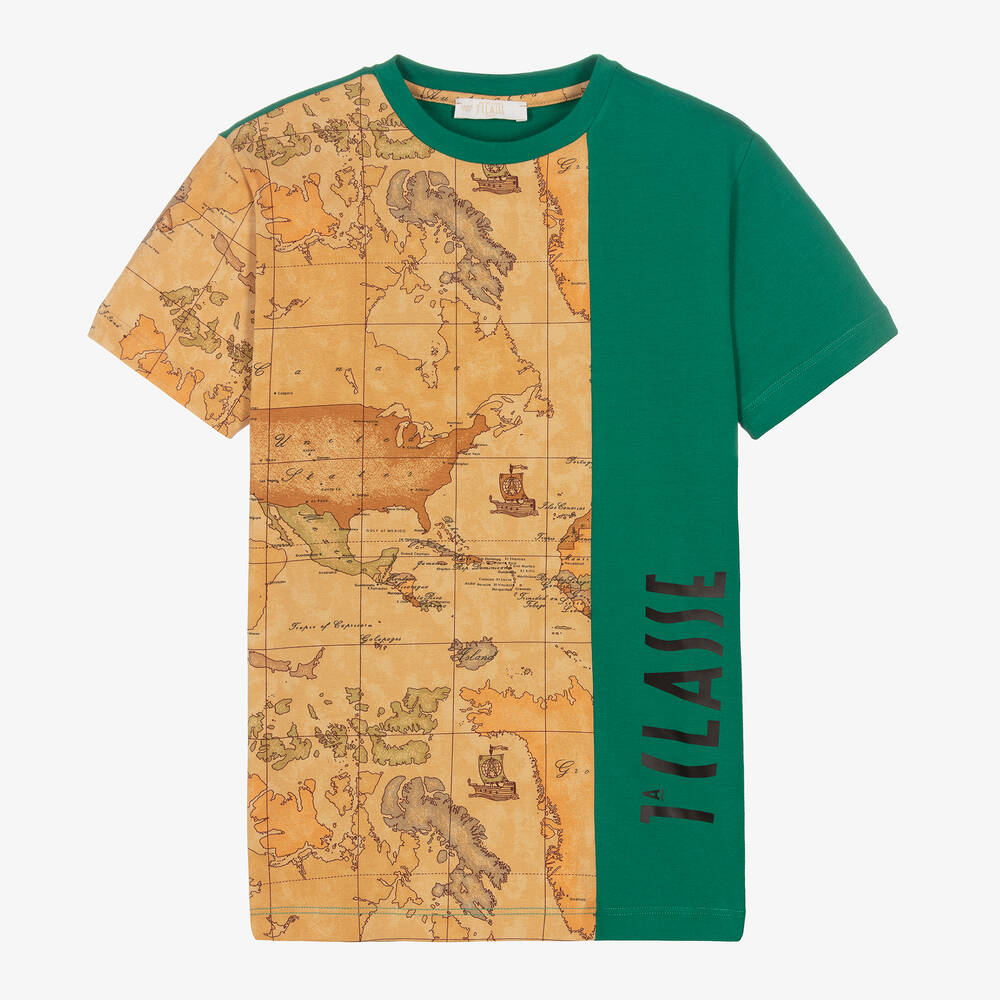 Alviero Martini - Зелено-бежевая футболка с картой мира | Childrensalon